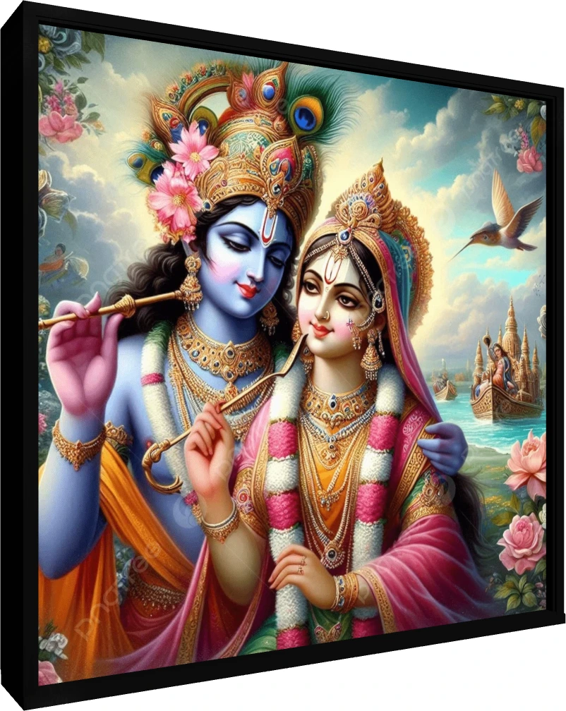 A vibrant digital painting of Radha and Krishna in a loving embrace near a lake with a temple boat. — floater frame preview | PrintPosters.in